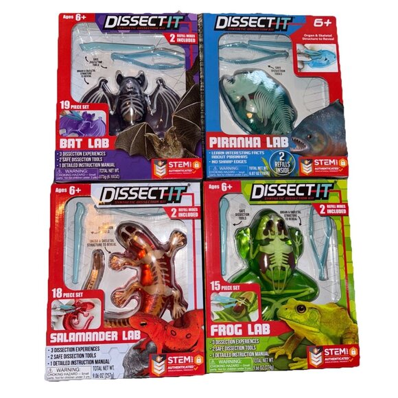 Dissect It Kids Synthetic Dissection Kits Lot of 4 Frog Salamander Piranha Bat - Picture 1 of 6